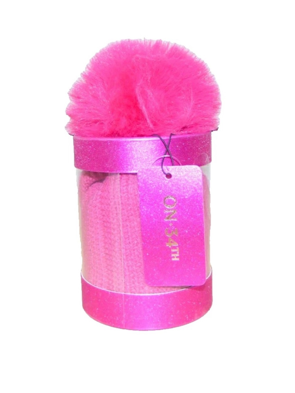 On 34th Boxed Rib Knit Beanie Pink Faux Fur Pom Gift Box One Size NWT $48